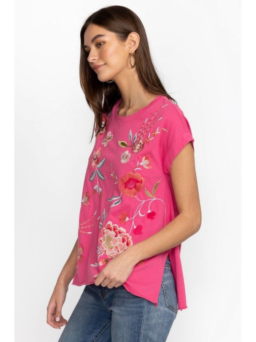 Johnny Was Joya Embroidered Draped Tee in Pink Fuchsia - Picture 2 of 7